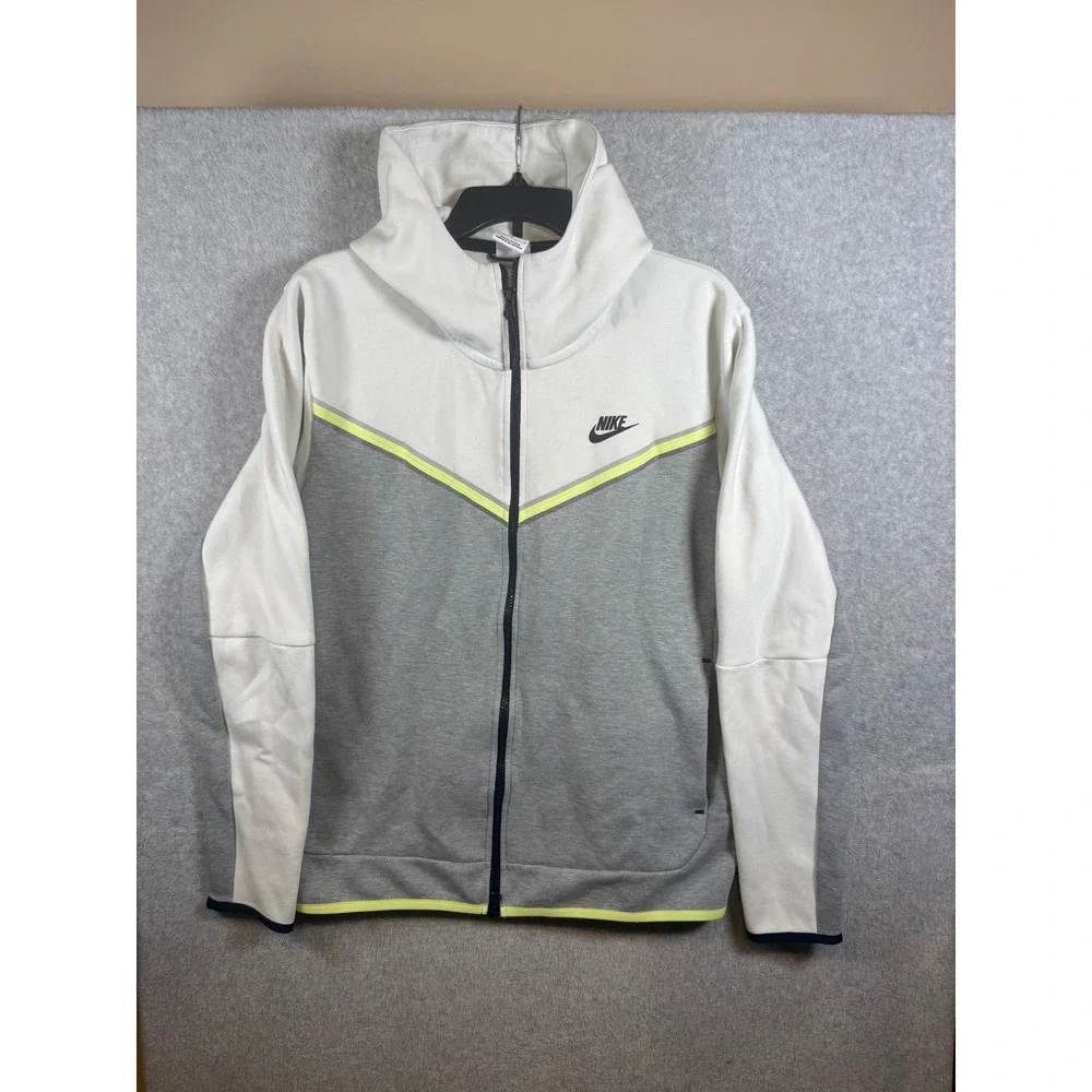 Nike Tech Fleece Full Zip Hoodie Mens Large White Grey Neon Yellow CU4489-101